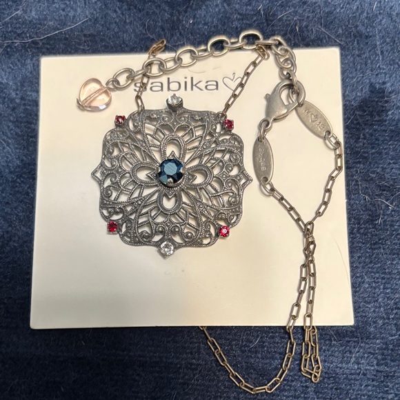 Sabika Intricate Silver Necklace with Blue and Red Accents - Picture 1 of 1